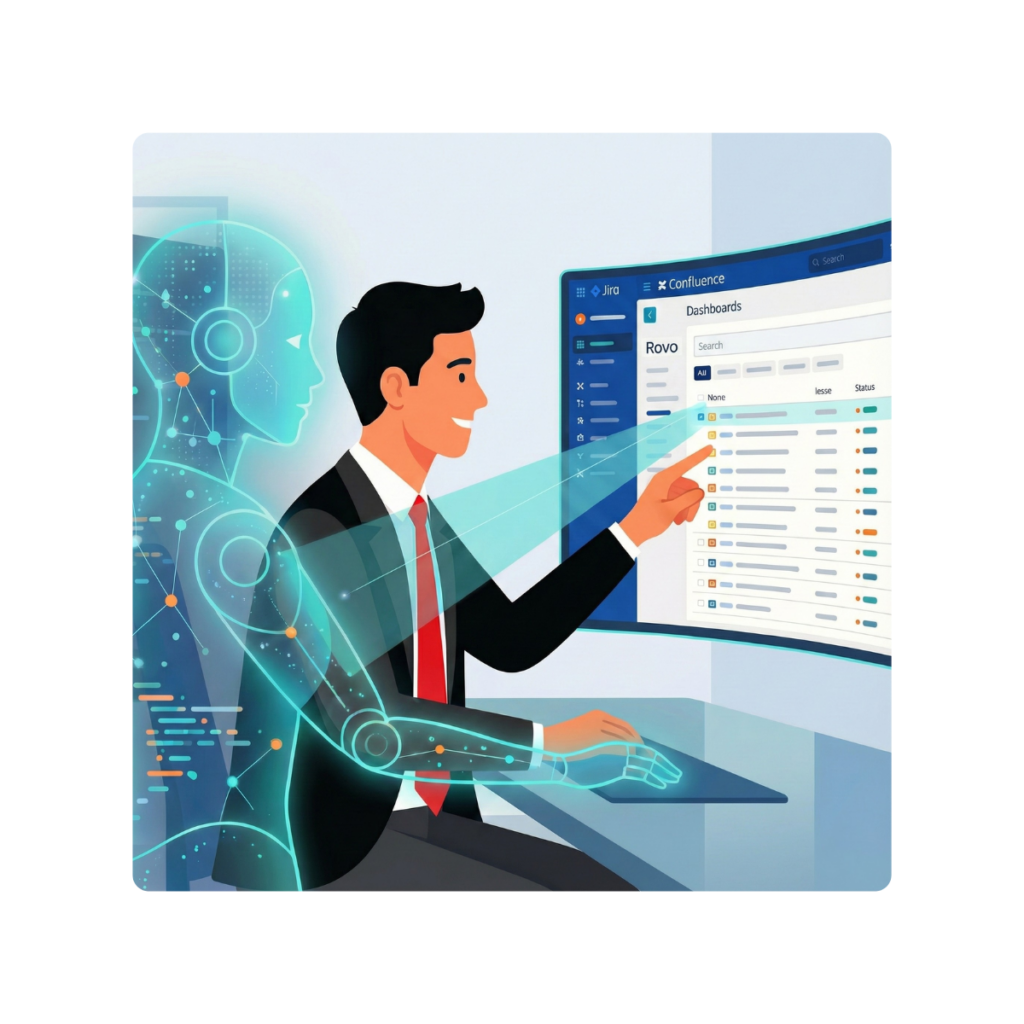 ¿Cómo funciona Atlassian Rovo? Tu nuevo compañero de equipo con IA Ilustración conceptual de un profesional trabajando con Atlassian Rovo y IA en el entorno de Jira.