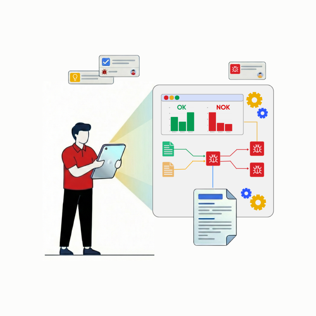 Ilustración de un usuario analizando la trazabilidad de pruebas y bugs con Xray dentro de Jira